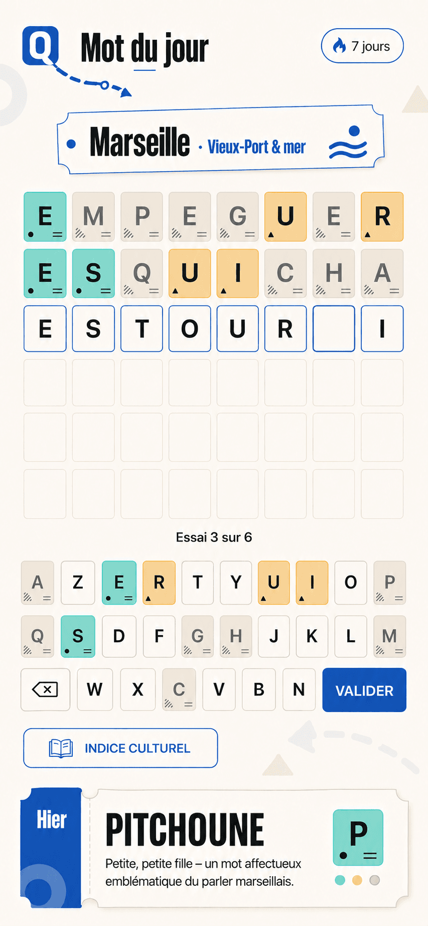 Grille du jeu de mots MotQuête pour une partie consacrée à Marseille